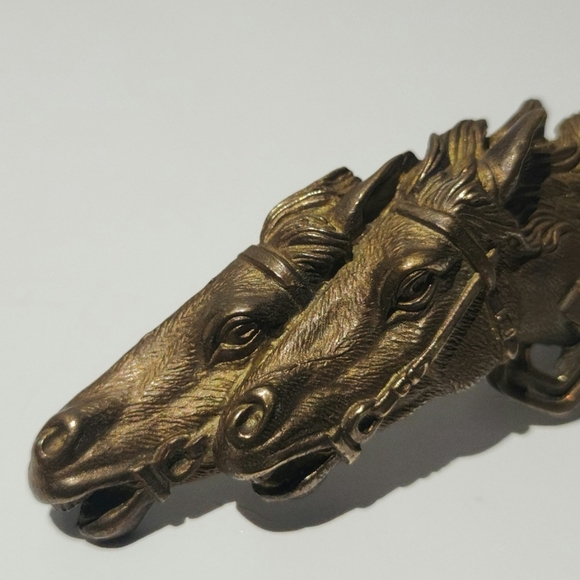 Rare Vintage x 70s Gucci Double Horse Head Bronze Buckle Leather Belt - Picture 9 of 10